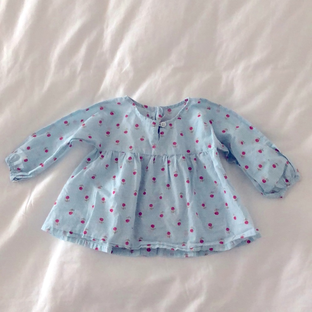 Baby Girls Blouse Blue with Pink Flowers by Petit Bateau size 6m